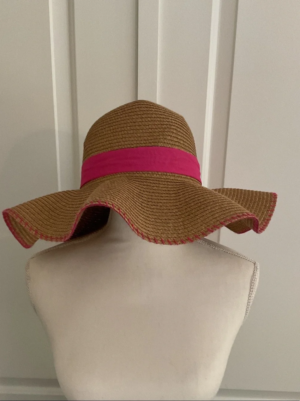 Nine West Straw Floppy Hat with Hot Pink Band